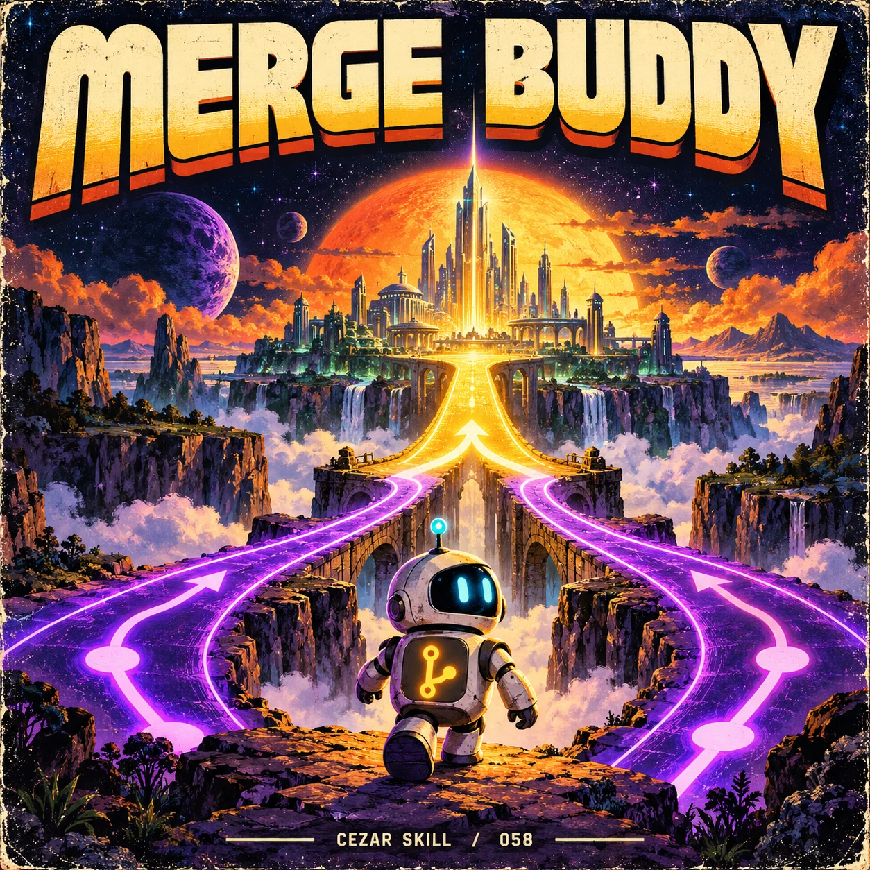 Merge Buddy: a robot joining two glowing paths into one golden bridge, illustrated as a vintage adventure game cover