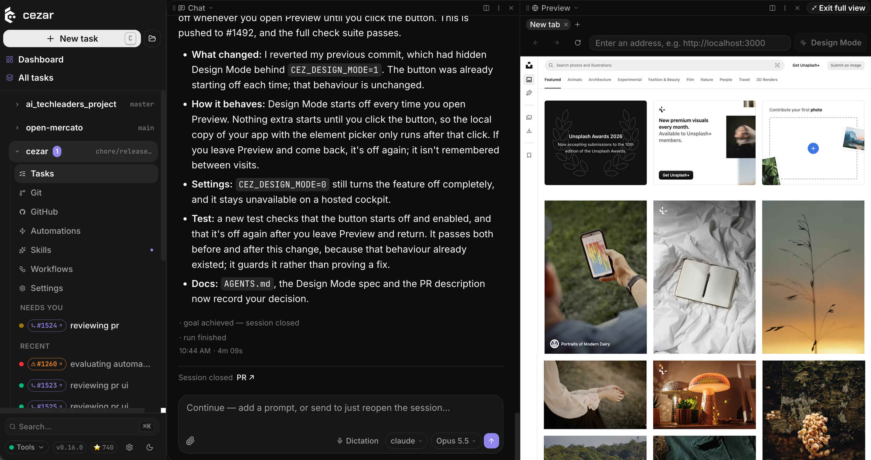 Cezar workspace with agent conversation and an Unsplash website preview side by side